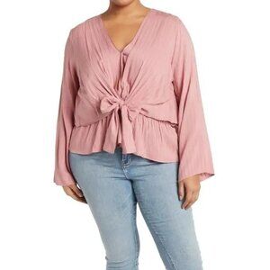Forgotten Grace Peplum Top Tie-Front Mauve 1X‎ NWT Boho Long Sleeve